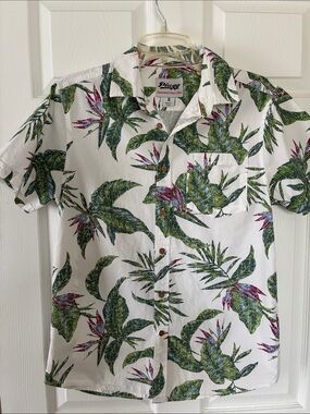 Plugg Men's White Tropical Print Short-Sleeve Shirt Size S